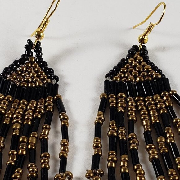 Women's Old Gold tone and Black Beaded Fringed Fishhook Teardrop Earrings - Picture 3 of 3